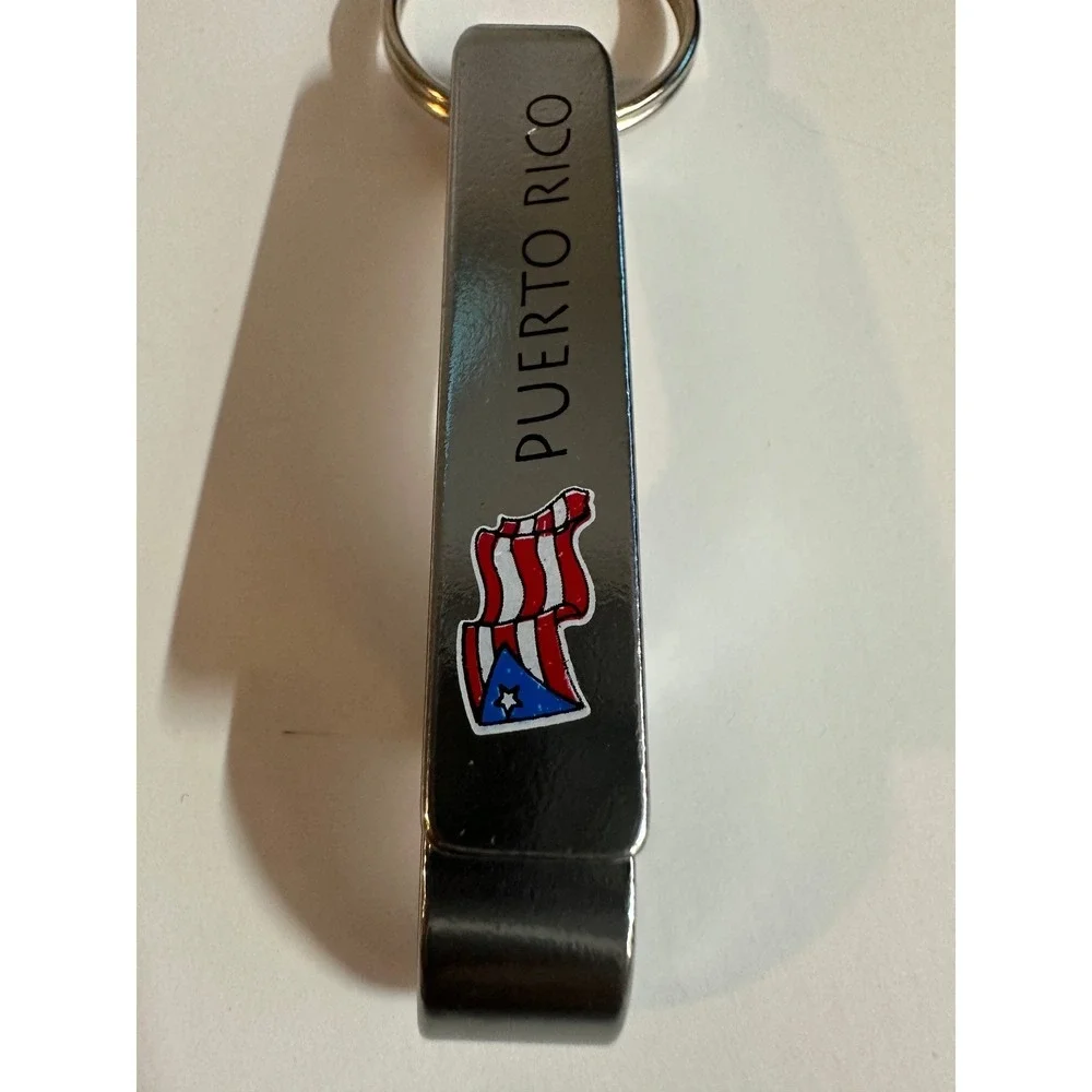 Puerto Rico Flag Bottle Opener Keychain Silver Tone Metal Souvenir Key Ring